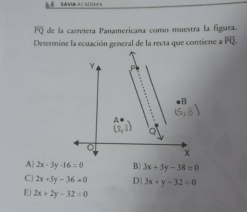 SAVIA ACADEMIA
overline PQ de la carretera Panamericana como muestra la figura.
Determine la ecuación general de la recta que contiene a overline PQ.
A) 2x-3y-16=0 B) 3x+5y-38=0
C) 2x+5y-36=0 D) 3x+y-32=0
E) 2x+2y-32=0