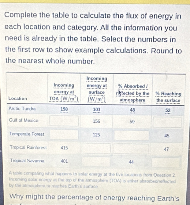 Complete the table to calculate the flux of energy in
each location and category. All the information you
need is already in the table. Select the numbers in
the first row to show example calculations. Round to
the nearest whole number.
A table comparing what happens to solar energy at the five locations from Question 2
Incoming solar energy at the top of the atmosphere (TOA) is either absorbed/reflected
by the atmosphere or reaches Earth's surface
Why might the percentage of energy reaching Earth's