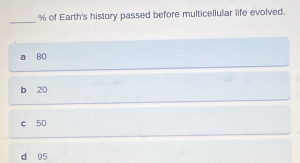 % of Earth's history passed before multicellular life evolved.
_
a 80
b 20
c 50
d 95