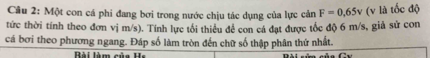 Một con cá phi đang bơi trong nước chịu tác dụng của lực cản F=0,65v (v là tốc độ 
tức thời tính theo đơn vị m/s). Tính lực tối thiều đề con cá đạt được tốc độ 6 m/s, giả sử con 
cá bơi theo phương ngang. Đáp số làm tròn đến chữ số thập phân thứ nhất. 
Bài làm của Hs