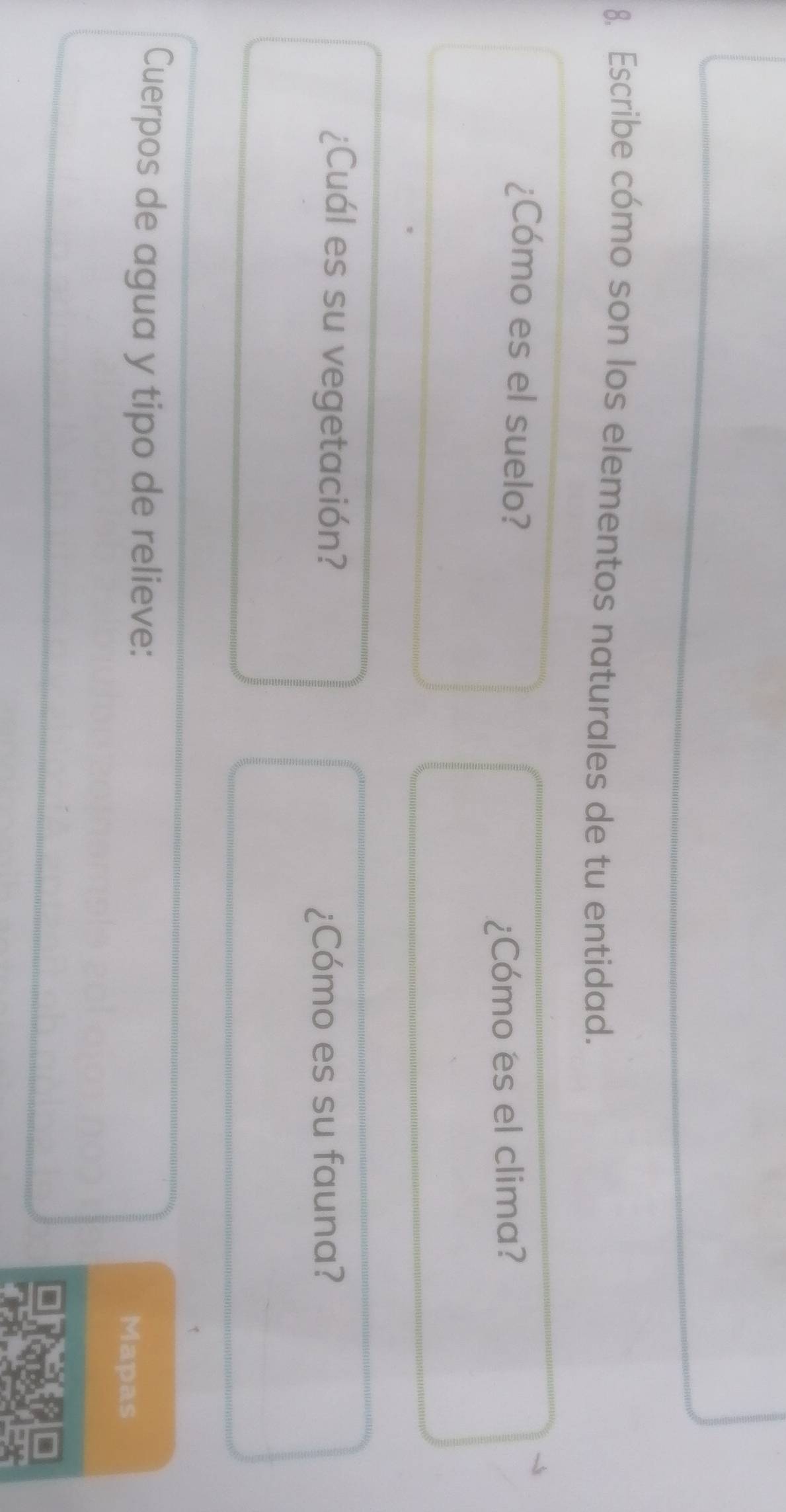 Escribe cómo son los elementos naturales de tu entidad. 
¿Cómo es el suelo? 
¿Cómo es el clima? 
¿Cuál es su vegetación? 
¿Cómo es su fauna? 
Cuerpos de agua y tipo de relieve: 
Mapas