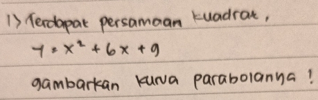 ferdapat persamoan tuadrat,
y=x^2+6x+9
gambarkan kura parabolanya!