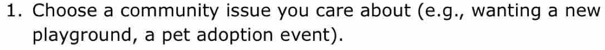 Choose a community issue you care about (e.g., wanting a new 
playground, a pet adoption event).