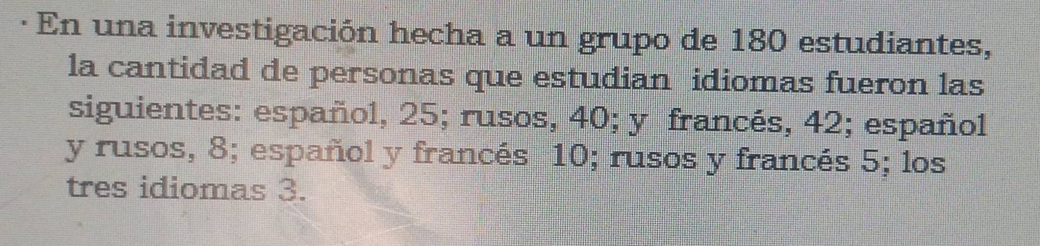 En una investigación hecha a un grupo de 180 estudiantes,
la cantidad de personas que estudian idiomas fueron las
siguientes: español, 25; rusos, 40; y francés, 42; español
y rusos, 8; español y francés 10; rusos y francés 5; los
tres idiomas 3.