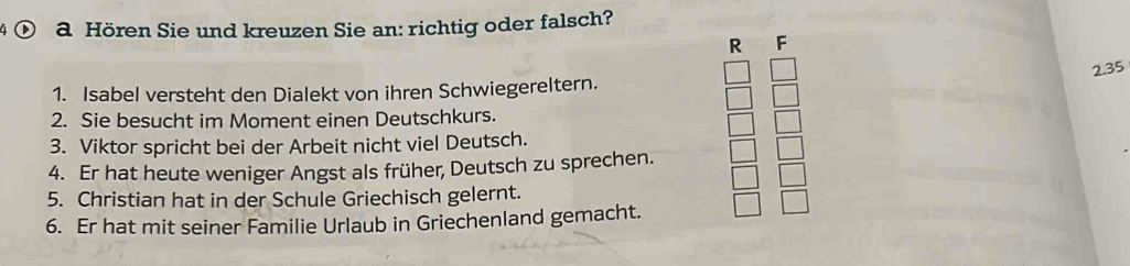 ① a Hören Sie und kreuzen Sie an: richtig oder falsch? 
R F
2.35
1. Isabel versteht den Dialekt von ihren Schwiegereltern. 
2. Sie besucht im Moment einen Deutschkurs. 
3. Viktor spricht bei der Arbeit nicht viel Deutsch. 
4. Er hat heute weniger Angst als früher, Deutsch zu sprechen. 
5. Christian hat in der Schule Griechisch gelernt. 
6. Er hat mit seiner Familie Urlaub in Griechenland gemacht.