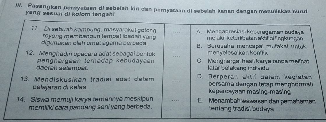 Pasangkan pernyataan di sebelah kiri dan pernyataan di sebelah kanan dengan menuliskan huruf 
yang sesuai di kolom tengah!