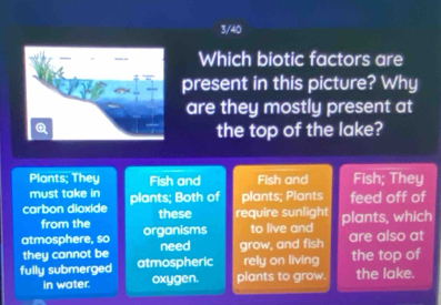 3/40
Which biotic factors are
present in this picture? Why
are they mostly present at
the top of the lake?
Plants; They Fish and Fish and Fish; They
must take in
carbon dioxide plants; Both of plants; Plants feed off of
from the these require sunlight
atmosphere, so organisms to live and plants, which
they cannot be need grow, and fish are also at
fully submerged atmospheric rely on living the top of
in water. oxygen. plants to grow. the lake.