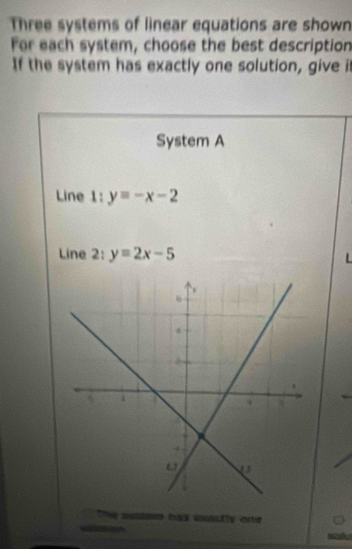 Three systems of linear equations are shown
For each system, choose the best description
If the system has exactly one solution, give i
System A
Line 1: y=-x-2
Line 2: y=2x-5
metom has unactly onte