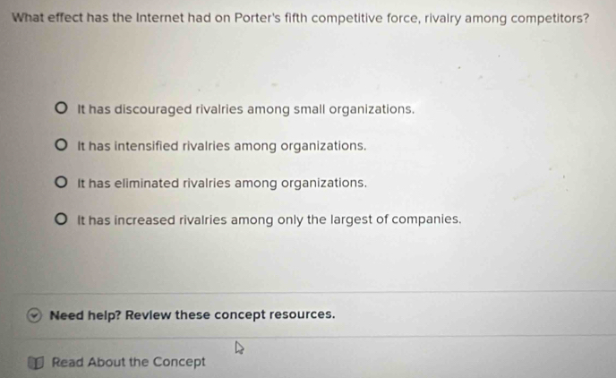 What effect has the Internet had on Porter's fifth competitive force, rivalry among competitors?
It has discouraged rivalries among small organizations.
It has intensified rivalries among organizations.
It has eliminated rivalries among organizations.
It has increased rivalries among only the largest of companies.
Need help? Review these concept resources.
Read About the Concept