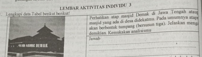 LEMBAR AKTIVITAS INDIVIDU 3 
. Lengkapi data Tabel berikut berikut! 
Perhatikan atap masjid Demak di Jawa Tengah ataup 
masjid yang ada di desa didekatmu. Pada umumnya atap 
akan berbentuk tumpang (bersusun tiga). Jelaskan meng 
demikian. Kemukakan analisismu 
Jawab 
_ 
_