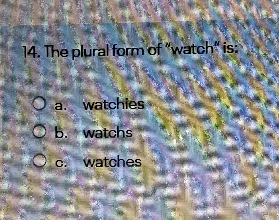 The plural form of "watch" is:
a. watchies
b. watchs
c. watches