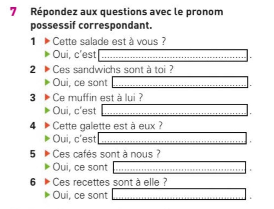 Répondez aux questions avec le pronom
possessif correspondant.
1 Cette salade est à vous ?
Oui, c’est
2 Ces sandwichs sont à toi ?
Oui, ce sont
3 Ce muffin est à lui ?
Oui, c’est
4 Cette galette est à eux ?
Oui, c’est
5 Ces cafés sont à nous ?
Oui, ce sont
6 Ces recettes sont à elle ?
Oui, ce sont