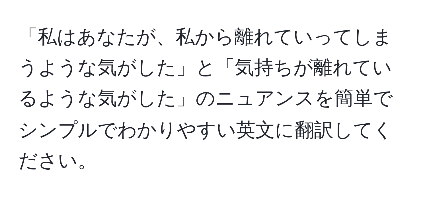 「私はあなたが、私から離れていってしまうような気がした」と「気持ちが離れているような気がした」のニュアンスを簡単でシンプルでわかりやすい英文に翻訳してください。