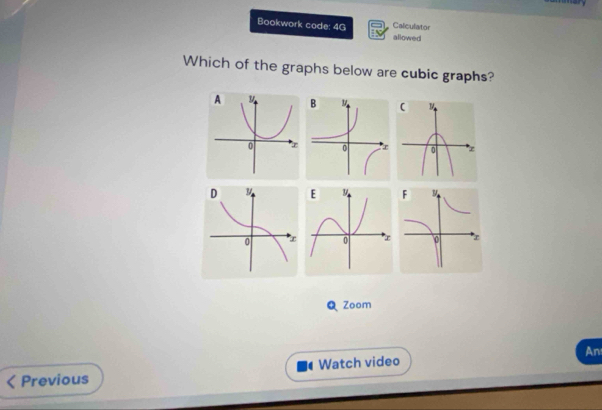 Bookwork code: 4G allowed Calculator 
Which of the graphs below are cubic graphs? 

Q Zoom 
Watch video An 
Previous