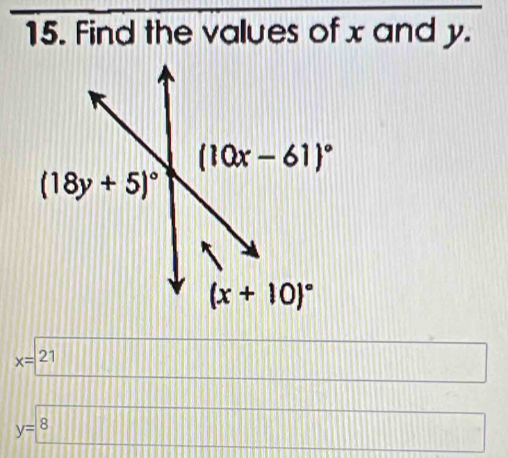 Find the values of x and y.
x=21
y=8