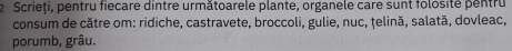 Scrieți, pentru fiecare dintre următoarele plante, organele care sunt folosité pentru 
consum de către om: ridiche, castravete, broccoli, gulie, nuc, ţelină, salată, dovleac, 
porumb, grâu.