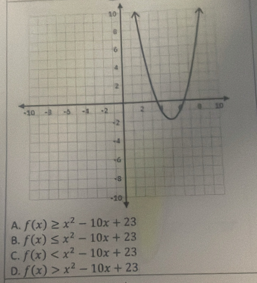 B. f(x)≤ x^2-10x+23
C. f(x)
D. f(x)>x^2-10x+23