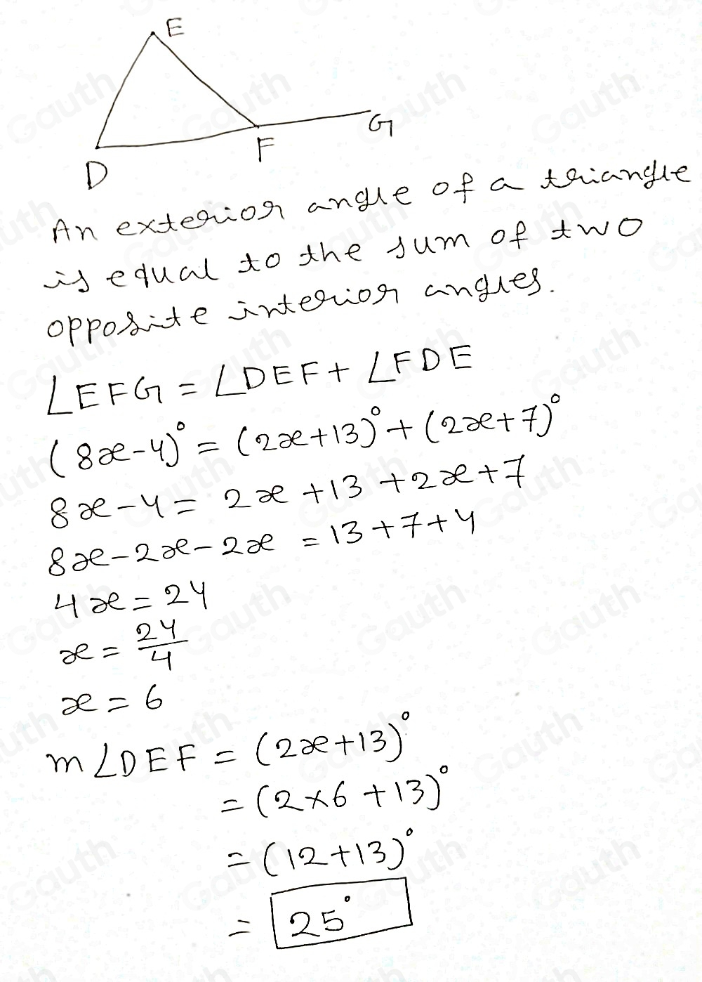 Solved: In DEF, overline DF is extended through point F to point G, m∠ ...
