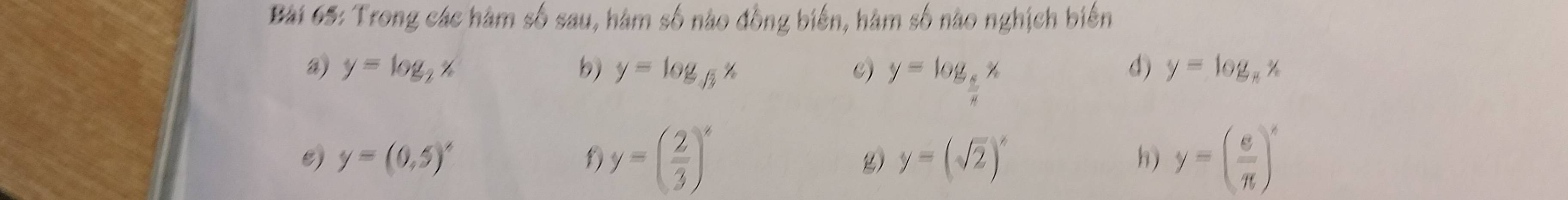 Trong các hàm số sau, hàm số nào đồng biến, hàm số nào nghịch biến
y=log _2x
b) y=log _sqrt(3)x C) y=log _ 5/n x
d) y=log _π x
y=( 2/3 )^x
e) y=(0.5)^circ  g) y=(sqrt(2))^x y=( e/π  )^x
h)