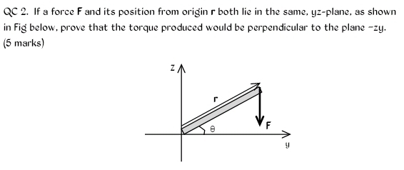 QC 2. If a force F and its position from origin r both lie in the same, yz -plane, as shown 
in Fig below, prove that the torque produced would be perpendicular to the plane - zy. 
(5 marks)
Z
r
θ F
y