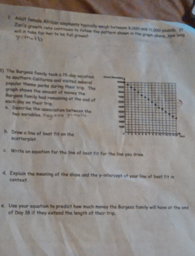 Adalt female African elephants typically weigh between 8,000 and 11,000 pounds. It 
car's growth rate continues to follow the pattern shown in the graph abave, how long 
will it take for her to be full grown? 
3) The Burgess family took a 15-day vocation 
to southern California and visited sakeral 
popular theme parks during their trip. The 
graph shows the amount of money the 
Burgess family had remaining at the end of 
each day on their trip. 
a. Describe the association between the 
to iable. 
b. Draw a line of best fit on the 
scatterplot. 
c. Write an equation for the line of best fit for the line you drew 
d. Explain the meaning of the slope and the y-intercept of your line of best fit in 
context 
e. Use your equation to predict how much money the Burgess family will have at the end 
of Day 18 if they extend the length of their trip.