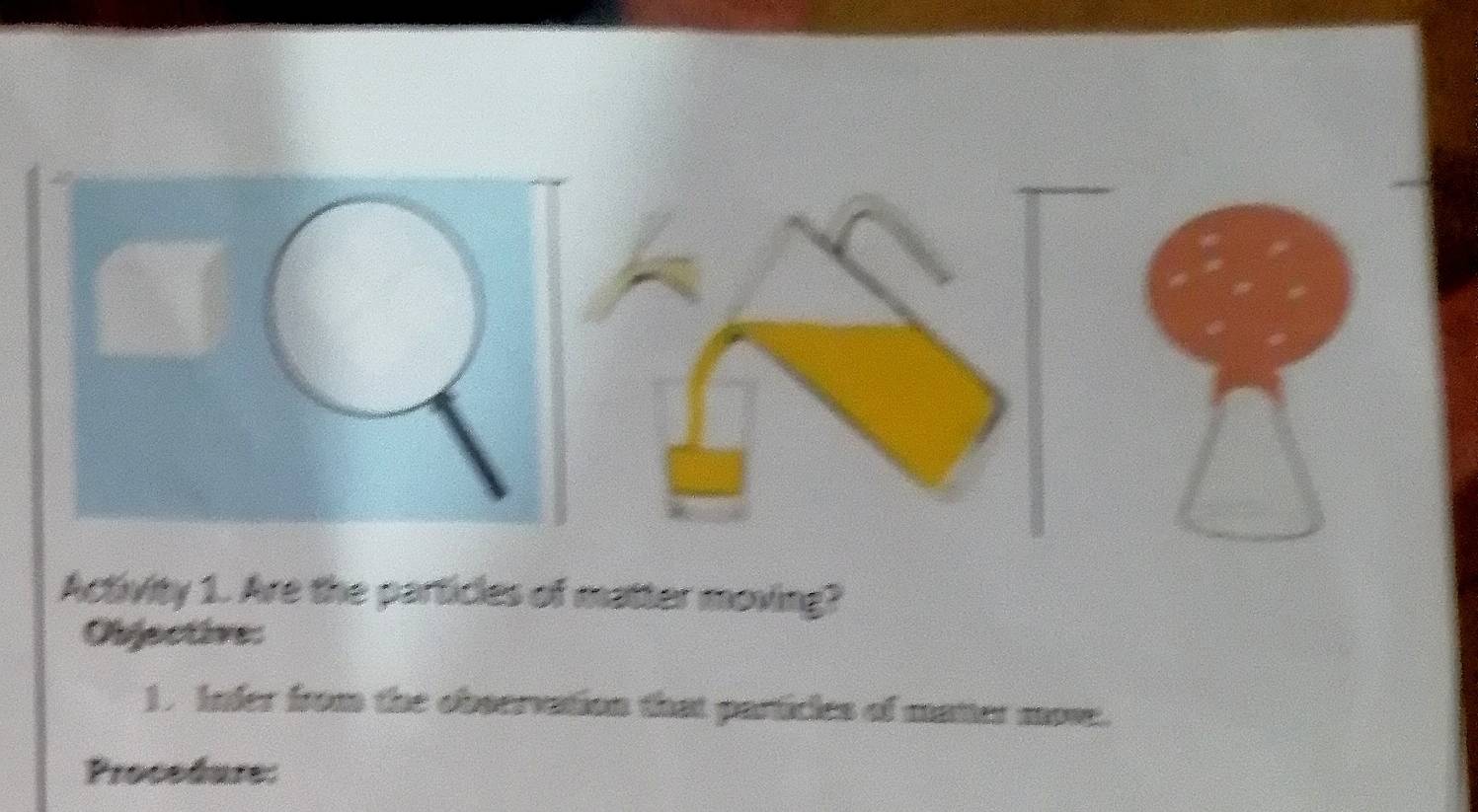 Activity 1. Are the particles of matter moving? 
Objective: 
1. Infer from the observation that particles of matter mov. 
Procedure: