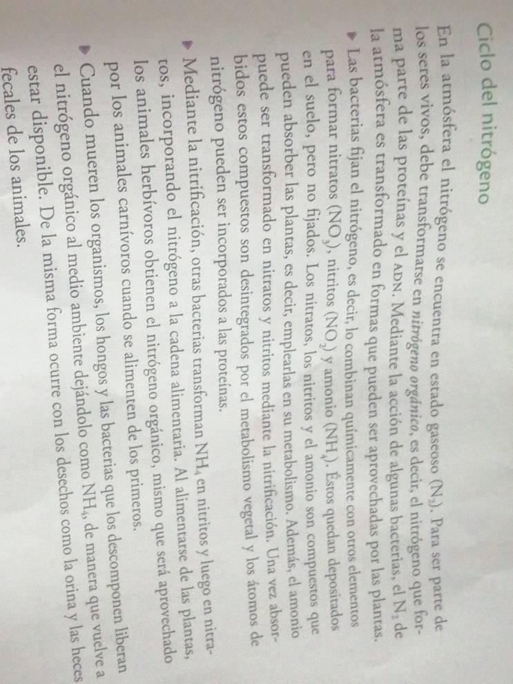 Ciclo del nitrógeno
En la atmósfera el nitrógeno se encuentra en estado gaseoso (N_2). Para ser parte de
los seres vivos, debe transformarse en nitrógeno orgánico, es decir, el nitrógeno que for-
ma parte de las proteínas y el ADN. Mediante la acción de algunas bacterias, el N_2 de
la atmósfera es transformado en formas que pueden ser aprovechadas por las plantas.
Las bacterias fijan el nitrógeno, es decir, lo combinan químicamente con otros elementos
para formar nitratos (NO_3) , nitritos (NO_2) y amonio (NH_4). Éstos quedan depositados
en el suelo, pero no fijados. Los nitratos, los nitritos y el amonio son compuestos que
pueden absorber las plantas, es decir, emplearlas en su metabolismo. Además, el amonio
puede ser transformado en nitratos y nitritos mediante la nitrificación. Una vez absor-
bidos estos compuestos son desintegrados por el metabolismo vegetal y los átomos de
nitrógeno pueden ser incorporados a las proteínas.
Mediante la nitrificación, otras bacterias transforman NH_4 en nitritos y luego en nitra-
tos, incorporando el nitrógeno a la cadena alimentaria. Al alimentarse de las plantas,
los animales herbívoros obtienen el nitrógeno orgánico, mismo que será aprovechado
por los animales carnívoros cuando se alimenten de los primeros.
Cuando mueren los organismos, los hongos y las bacterias que los descomponen liberan
el nitrógeno orgánico al medio ambiente dejándolo como NH_4, de manera que vuelve a
estar disponible. De la misma forma ocurre con los desechos como la orina y las heces
fecales de los animales.