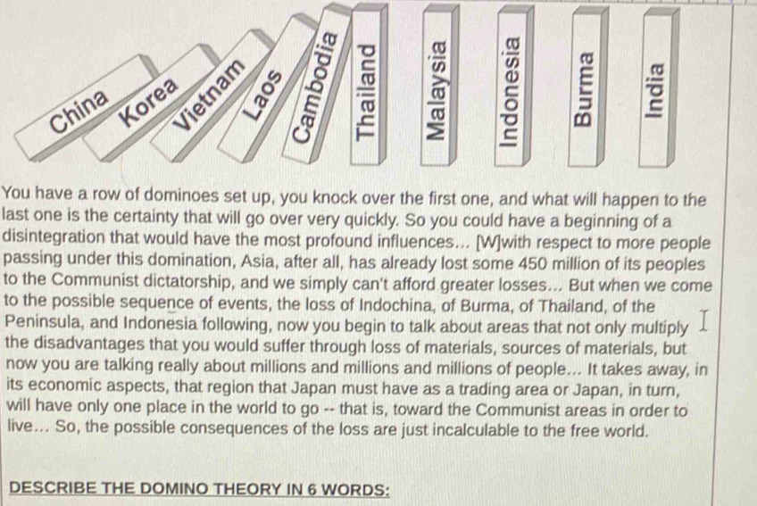 Vietnam 
China 
Korea
8 =
E 
You have a row of dominoes set up, you knock over the first one, and what will happen to the 
last one is the certainty that will go over very quickly. So you could have a beginning of a 
disintegration that would have the most profound influences... [W]with respect to more people 
passing under this domination, Asia, after all, has already lost some 450 million of its peoples 
to the Communist dictatorship, and we simply can't afford greater losses... But when we come 
to the possible sequence of events, the loss of Indochina, of Burma, of Thailand, of the 
Peninsula, and Indonesia following, now you begin to talk about areas that not only multiply 
the disadvantages that you would suffer through loss of materials, sources of materials, but 
now you are talking really about millions and millions and millions of people.. It takes away, in 
its economic aspects, that region that Japan must have as a trading area or Japan, in turn, 
will have only one place in the world to go -- that is, toward the Communist areas in order to 
live... So, the possible consequences of the loss are just incalculable to the free world. 
DESCRIBE THE DOMINO THEORY IN 6 WORDS: