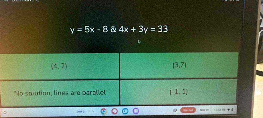 y=5x-8 & 4x+3y=33
Dook 2