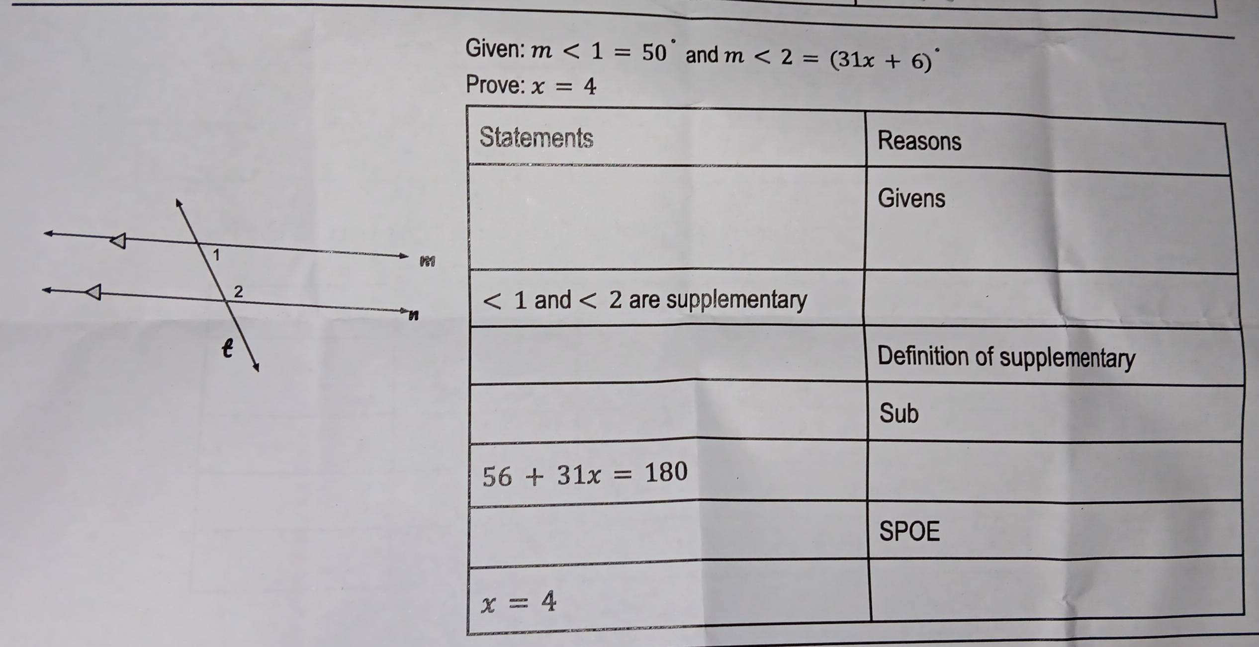Given: m<1=50° and m<2=(31x+6)^circ 