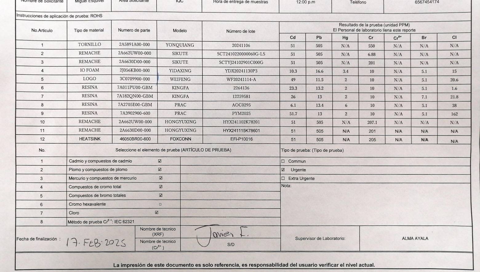 Hora de entrega de muestras 12:00 p.m Teléfono 6567454174
La impresión de este documento es solo referencia, es responsabilidad del usuario verificar el nivel actual.