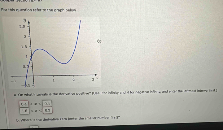 cooper séction 8.4 # 
For this question refer to the graph below 
a. On what intervals is the derivative positive? (Use I for infinity and -I for negative infinity, and enter the leftmost interval first.)
0.4
1.6
b. Where is the derivative zero (enter the smaller number first)?