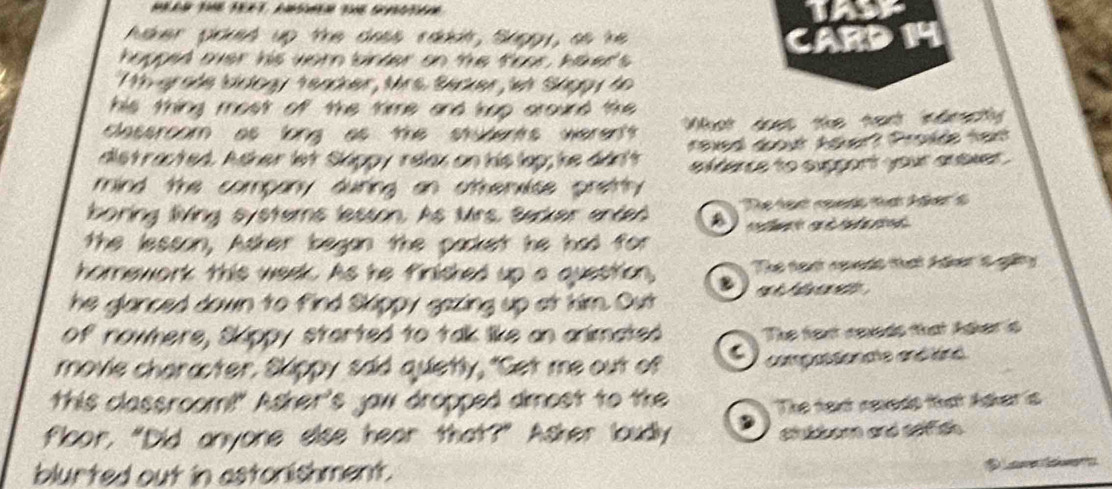for 
aas aot, Srgg , a s h 
nte r on t e to o r h ae r CARD14 
Bère Bécker iet Séggy de 
X6 'g 
he and kop ground t 
s t e sterts were tt What does the tart mdrctly 
opy relex on kis lạp; ke dànt raved doout kaker? Proide tast 
mind te com ring an otervlce prety efdence to support your anower . 
To tạt roes ta hler t 
boring living systems lesson, As Mrs. Backer ented * ea e t 
the lesson, Asker began the packet he had for 
homework this week. As he firlished up a question, The tex navedo thái Hánr t giy 
he glanced down to find Skippy gazing up at kim. Out 
of nownere, Skippy started to talk like an arimated The fext naveds that Adker is 
movie character. Skippy said quietly, "Get me out of I compassionate anéléré 
this classroom!" Asker's jaw dropped dmost to the 
The fext neveds that Adker is 
floor, "Did anyone elise hear that?" Asher loudly stnibom and stfsh 
blurted out in astonishment.