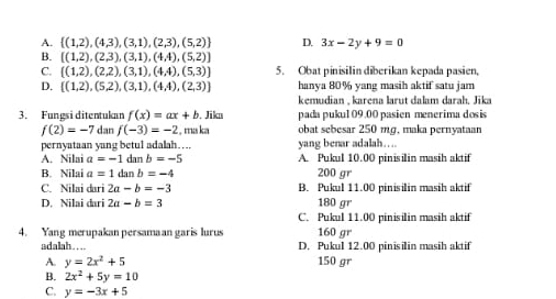 A.  (1,2),(4,3),(3,1),(2,3),(5,2) D. 3x-2y+9=0
B. [(1,2),(2,3),(3,1),(4,4),(5,2)]
C.  (1,2),(2,2),(3,1),(4,4),(5,3) 5. Obat pinisilin diberikan kepada pasien,
D. [(1,2),(5,2),(3,1),(4,4),(2,3)] hanya 80% yang masih aktif satu jam
kemudian , karena larut dalam darah. Jika
3. Fungsi ditentukan f(x)=ax+b. Jikn pada pukul 09.00 pasien menerima dosis
f(2)=-7 dan f(-3)=-2 , ma ka obat sebesar 250 mσ. maka pernvataar
pernyataan yang betul adalah… yang benar adalah….
A. Nilai a=-1 dan b=-5 A. Pukul 10.00 pinisilin masih aktif
B. Nilai a=1 dan b=-4 200 gr
C. Nilai dari 2a-b=-3 B. Pukul 11.00 pinisilin masih aktif
D. Nilai dari 2a-b=3 180 gr
C. Pukul 11.00 pinisilin masih aktif
4. Yang merupakan persama an garis lurus 160 gr
adalah . . .. D. Pukul 12.00 pinisilin masih aktif
A. y=2x^2+5 150 gr
B. 2x^2+5y=10
C. y=-3x+5