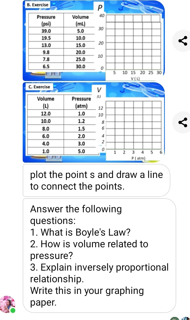 Exercise
P
40
30
20
10
0
5 10 15 20 25 30
V ( L)
C. Exercise
V
)
2
0
8 < 
<tex>6
4
2
0 1 2 3 4 5 6
P ( atm)
plot the point s and draw a line 
to connect the points. 
Answer the following 
questions: 
1. What is Boyle's Law? 
2. How is volume related to 
pressure? 
3. Explain inversely proportional 
relationship. 
Write this in your graphing 
paper.