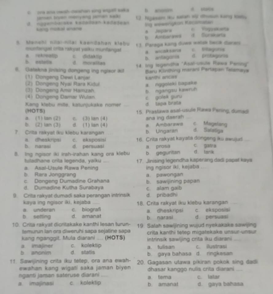 C. cea ana owah-owshan sing wngall saka b anomm
janan tlven meryang (aman sad) 12. Nipkmans iu nar wỹ dinsun Kang Köeu
d nggambarake Kadadaan kadadean Ing wewergkon Kacansatan
ang mital anane e Yogyskarta
é Jepara
b ABarawa d Surakarta
B Menehl nilai-Kilaï Kəendahan kləbu 13. Paraga kang duwn watak besik diarae
munfangal trita rakyat yaiku munfangal c. Mitagoris
a rekreatip c didaklip d. protagesia
b. antagunis
b estella d. moralitas 14. Ing legendha ''Asal-usule Fawa Pening''
6. Gatekna jinising dongeng ing ngisor iki! Baru Kiinthing marani Parlapan Talamaya
(1) Dongeng Dewi Lanjar Ranthi ancas
(2) Dongeng Nyai Rara Kidul a. nggoleki bapake
(3) Dongeng Amir Hamzah. b. ngangsu kawruh
(4) Dongeng Damar Wulan.
c. golek guru
Kang klebu mile, katunjukake nomer d tapa brata
(HOTS) 15. Prastawa asal-usule Rawa Pening, dumadi
a. (1) lan (2) c. (3) lan (4) ana ing daerah
b. (2) lan (3) d. (1) lan (4)
a. Ambarawa c. Mageliang
7 Crita rakyat iku klebu karangan -. b. Ungaran d. Safaliga
a. dheskripsi c. eksposisi 16. Crita rakyat kayata dongeng iku awujud
b. narasi d. persuasi a. prosa c. gatra
8. lng ngisor iki irah-irahan kang ora klebu b geguritan d. lank
tuladhane crita legenda, yaiku .... 17. Jinising legendha kaperang dadi papat kaya
a. Asal-Usule Rawa Pening ing ngisor iki, kejaba ...
b. Rara Jonggrang a. pawongan
c. Dongeng Dumadine Grahana b. sawijining papan
d. Dumadine Kutha Surabaya c. alam gaib
9. Crita rakyat dumadi saka perangan intrinsik d. pribadhi
kaya ing ngisor iki, kejaba ., 18. Crita rakyat iku klebu karangan
a. underan c. biografì a. dheskripsi c. eksposisi
b setting d. amanat b. narasi d. persuasi
10. Crita rakyat dicritakake kanthi lesan turun- 19. Salah sawijining wujud nyekakake sawjing
temurun Ian ora diweruhi sapa sejatine sapa crita kanthi tetep migatekake unsur-unsur 
kang nganggit. Mula diarani .... (HOTS) intrinsik sawijing crita iku diarani
a. imajiner c. kolektip a. tulisan c. ilustrasi
b anonim d. statis b. gaya bahasa d. ringkasan
11. Sawijining crita iku tetep, ora ana ewah- 20. Gagasan utawa pikiran pokok sing dadi
ewahan kang wigati saka jaman biyen dhasar kanggo nulis crita diarani
nganti jaman sateruse diarani a. tema c. latar
a. imajinasi c. kolektip b. amanat d. gaya bahasa