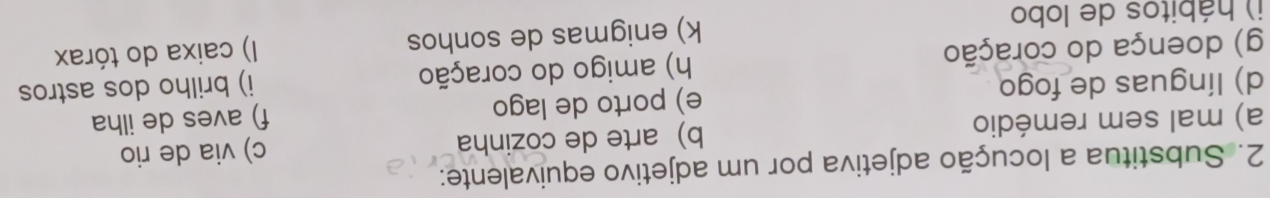 Substitua a locução adjetiva por um adjetivo equivalente: 
a) mal sem remédio b) arte de cozinha c) via de rio 
d) línguas de fogo e) porto de lago f) aves de ilha 
g) doença do coração h) amigo do coração i) brilho dos astros 
i ) hábitos de lobo k) enigmas de sonhos I) caixa do tórax