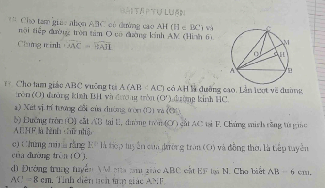 Bài Tảp tự Luận 
* Cho tam giác nhọn ABC có đường cao AH (H∈ BC) và 
nội tiếp đường tròn tảm O có đường kính AM (Hinh 6). 
Chưng minh widehat OAC=widehat BAH
Cho tam giác ABC vuông tại A(AB có AH là đường cao. Lần lượt vẽ đường 
tròn (O) đường kính BH và đường tròn (O') hường kính HC. 
a) Xét vị trí tương đổi của đường tròn (C () và (e!). 
b) Đường tròn (O) cắt AB tại E, đường tròn (O) cắt AC tại F. Chứng minh rằng tứ giác
AEHF là hình chữ nhậc 
c) Chứng minh rằng EF là tiếp tuyển của dường tròn (O) và đồng thời là tiếp tuyển 
của đường tròn (O'). 
d) Đường trung tuyến AM của tam giác ABC cắt EF tại N. Cho biết AB=6cm,
AC=8cm. Tính diện tích tam giác ANF.