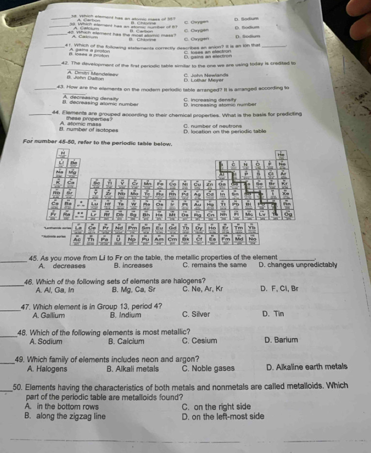 Which element has an alomic mass of 35?
A. Carbon
_39. Which element has an atomic number of 8 B. Chlorine C. Oxvgen D. Sodium
A. Calcium
_40. Which element has the most alomic mass? B. Carbon C. Oxygen D. Sodium
A. Calerum B. Chlorine C. Oxygen
D. Sodium
_41. Which of the following statements correctly describes an anion? It is an ion that_
B. loses a proton A. gains a proton
D. gains an electron C. loses an electron
_
_42. The development of the first periodic table similar to the one we are using today is credited to
A. Dmitri Mendeleev
B. John Dalton D. Lothar Meyer C. John Newlands
_
_43. How are the elements on the modern periodic table arranged? It is arranged according to
A. decreasing density C. increasing density
B. decreasing atomic number D. increasing atomic number
_44, Elements are grouped according to their chemical properties. What is the basis for predicting
these properties?
A. atomic mass C. number of neutrons
B. number of isotopes D. location on the periodic table
For number 45-50, refer to the perio
_
45. As you move from Li to Fr on the table, the metallic properties of the element _。
A. decreases B. increases C. remains the same D. changes unpredictably
_
46. Which of the following sets of elements are halogens?
A. Al, Ga, In B. Mg, Ca, Sr C. Ne, Ar, Kr D. F, Cl, Br
_
47. Which element is in Group 13, period 4?
A. Gallium B. Indium C. Silver D. Tin
_
48. Which of the following elements is most metallic?
A. Sodium B. Calcium C. Cesium D. Barium
_49. Which family of elements includes neon and argon?
A. Halogens B. Alkali metals C. Noble gases D. Alkaline earth metals
_50. Elements having the characteristics of both metals and nonmetals are called metalloids. Which
part of the periodic table are metalloids found?
A. in the bottom rows C. on the right side
B. along the zigzag line D. on the left-most side