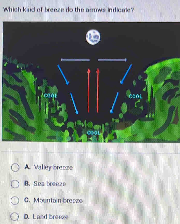 Which kind of breeze do the arrows indicate?
a
A. Valley breeze
B. Sea breeze
C. Mountain breeze
D. Land breeze