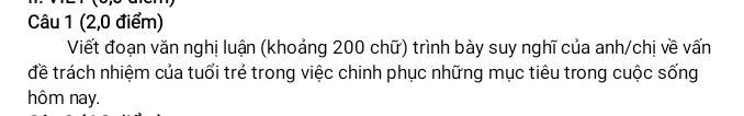 (2,0 điểm) 
Viết đoạn văn nghị luận (khoảng 200 chữ) trình bày suy nghĩ của anh/chị về vấn 
đề trách nhiệm của tuổi trẻ trong việc chinh phục những mục tiêu trong cuộc sống 
hôm nay.