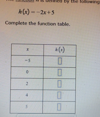 tonw is delned by the following .
h(x)=-2x+5
Complete the function table.