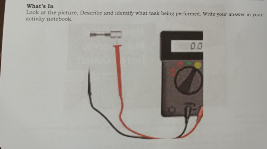 What’s In 
Look at the picture, Describe and identify what task being performed. Write your answer in your 
activity notebook.