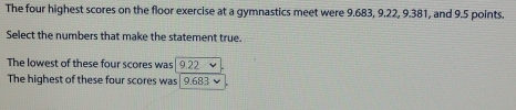 The four highest scores on the floor exercise at a gymnastics meet were 9.683, 9.22, 9.381, and 9.5 points. 
Select the numbers that make the statement true. 
The lowest of these four scores was 9.22
The highest of these four scores was 9.683