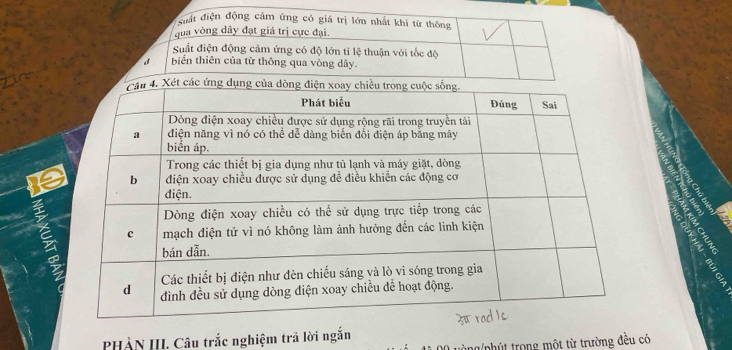 suất điện động cảm ứng có giá trị lớn nhất khi từ thông 
qua vòng dây đạt giá trị cực đại. 
Suất điện động cảm ứng có độ lớn ti lệ thuận với tốc độ 
d biển thiên của từ thông qua vòng dây. 
PHÀN III. Câu trắc nghiệm trã lời ngắn 
n ph t trong một từ trường đều có