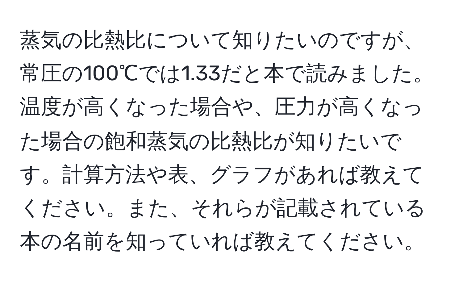 蒸気の比熱比について知りたいのですが、常圧の100℃では1.33だと本で読みました。温度が高くなった場合や、圧力が高くなった場合の飽和蒸気の比熱比が知りたいです。計算方法や表、グラフがあれば教えてください。また、それらが記載されている本の名前を知っていれば教えてください。