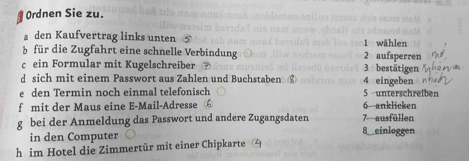 Ordnen Sie zu. 
a den Kaufvertrag links unten 
1 wählen 
b für die Zugfahrt eine schnelle Verbindung 2 aufsperren 
c ein Formular mit Kugelschreiber 3 bestätigen 
d sich mit einem Passwort aus Zahlen und Buchstaben 4 eingeben 
e den Termin noch einmal telefonisch 5 unterschreiben 
f mit der Maus eine E-Mail-Adresse 6 anklicken 
g bei der Anmeldung das Passwort und andere Zugangsdaten 7 ausfüllen 
in den Computer 
8 einloggen 
h im Hotel die Zimmertür mit einer Chipkarte