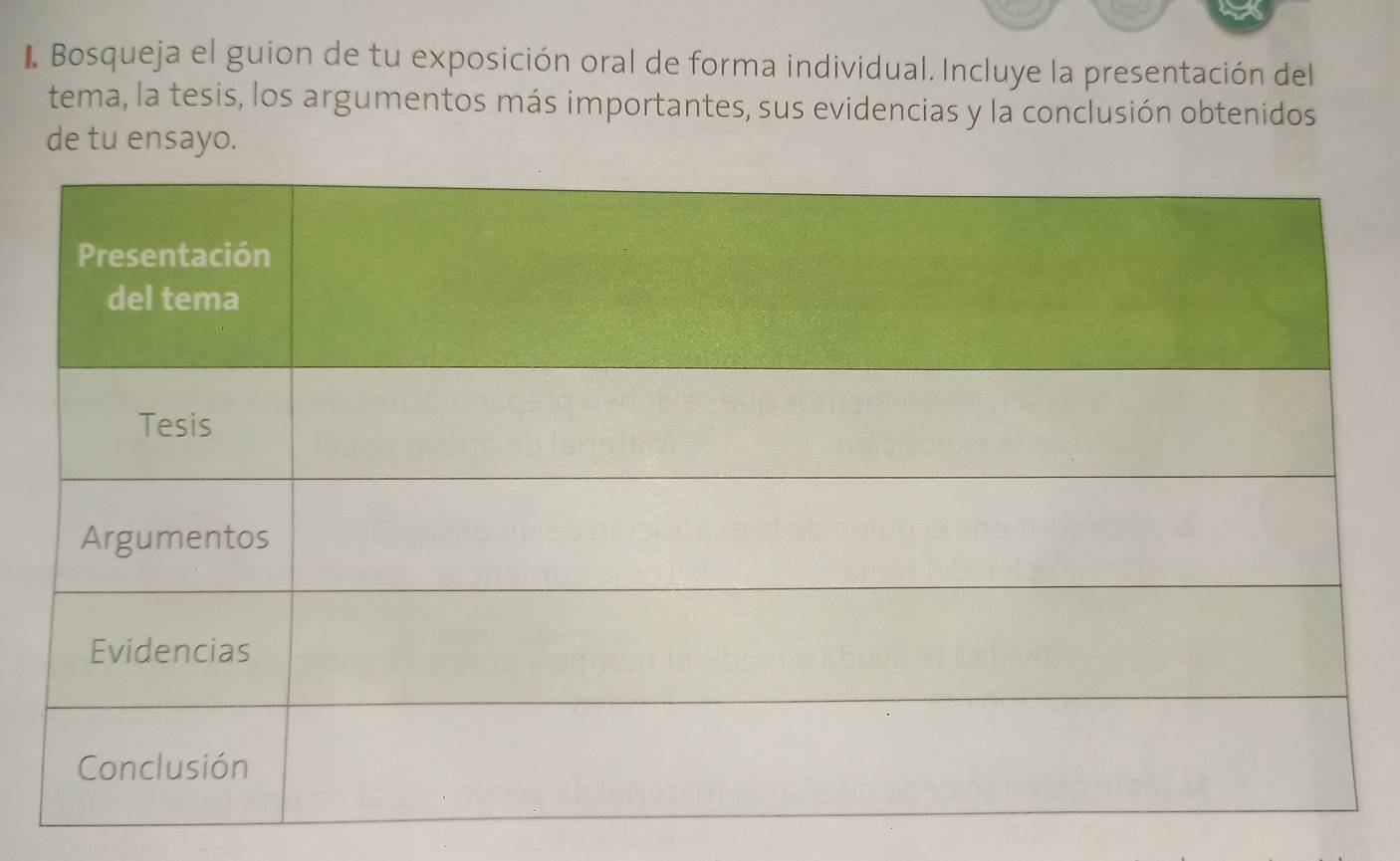 Bosqueja el guion de tu exposición oral de forma individual. Incluye la presentación del 
tema, la tesis, los argumentos más importantes, sus evidencias y la conclusión obtenidos 
de tu ensayo.