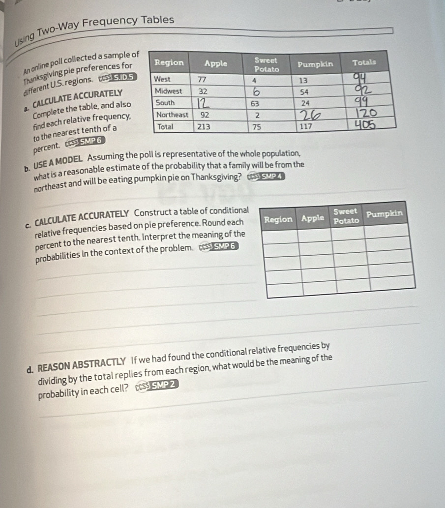 Using Two-Way Frequency Tables 
An online poll collected a sample 
Thanksgiving pie preferences fo 
different U.S. regions. c SS 
CALCULATE ACCURATELY 
Complete the table, and also 
find each relative frequency, 
to the nearest tenth of a 
percent. cc SMP 6 
b. USE A MODEL Assuming the poll is representative of the whole population, 
what is a reasonable estimate of the probability that a family will be from the 
northeast and will be eating pumpkin pie on Thanksgiving? s ve 
_ 
_ 
c. CALCULATE ACCURATELY Construct a table of conditional 
relative frequencies based on pie preference. Round each 
percent to the nearest tenth. Interpret the meaning of the 
_ 
probabilities in the context of the problem. SP G 
_ 
_ 
_ 
_ 
_ 
d. REASON ABSTRACTLY If we had found the conditional relative frequencies by 
_ 
dividing by the total replies from each region, what would be the meaning of the 
probability in each cell? cSS SMP 2