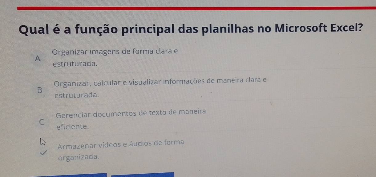 Qual é a função principal das planilhas no Microsoft Excel?
Organizar imagens de forma clara e
A
estruturada.
Organizar, calcular e visualizar informações de maneira clara e
B estruturada.
Gerenciar documentos de texto de maneira
C eficiente.
Armazenar vídeos e áudios de forma
organizada.